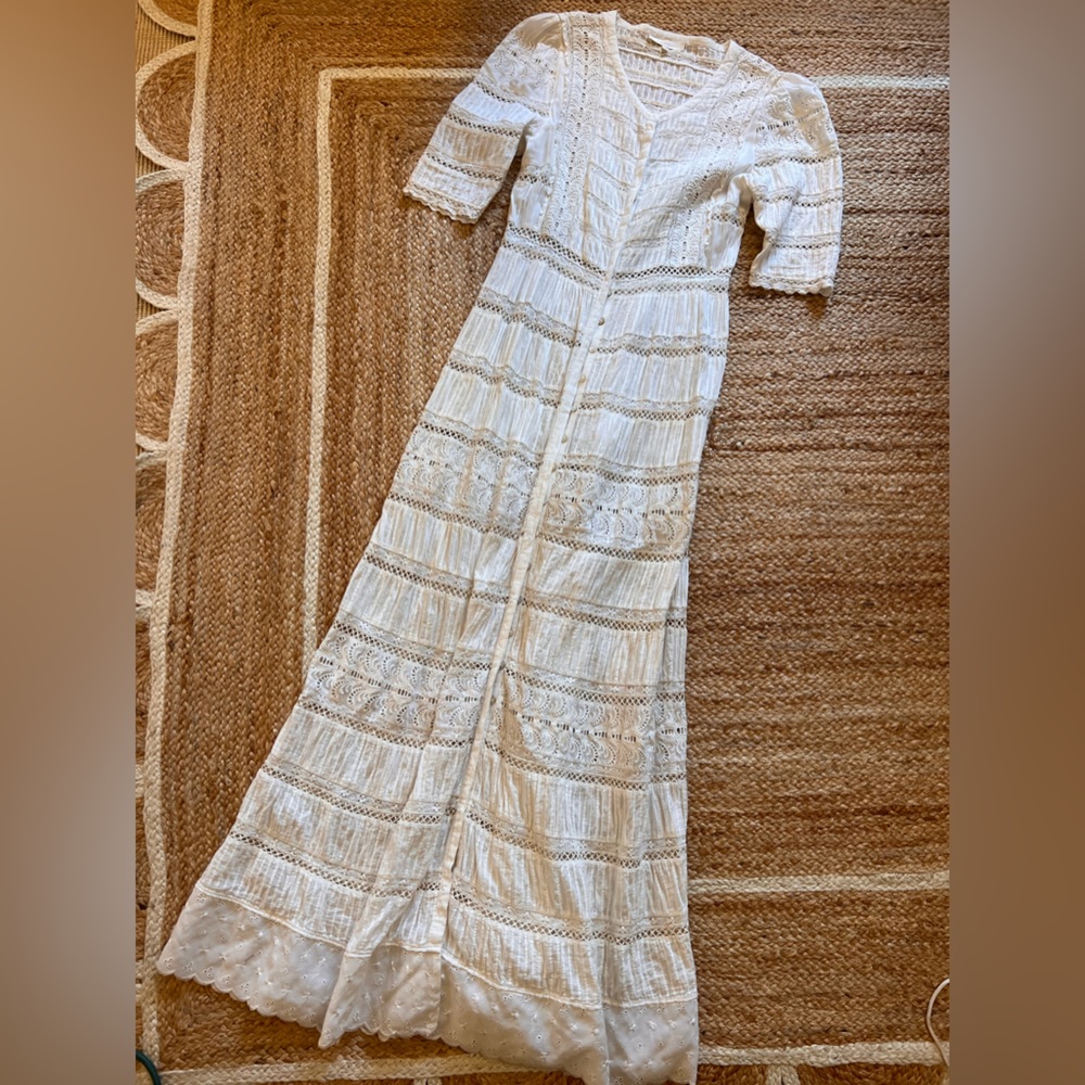 LOVESHACKFANCY MAXI DRESS IVORY EYELET BUTTON DOWN LARGE L EXCELLENT CONDITION